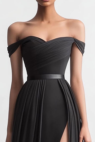 Black A Line Chiffon Off The Shoulder Long Formal Dress with Slit